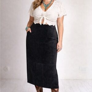 Vintage Black Suede Midi Skirt | Western Boho | Size 16